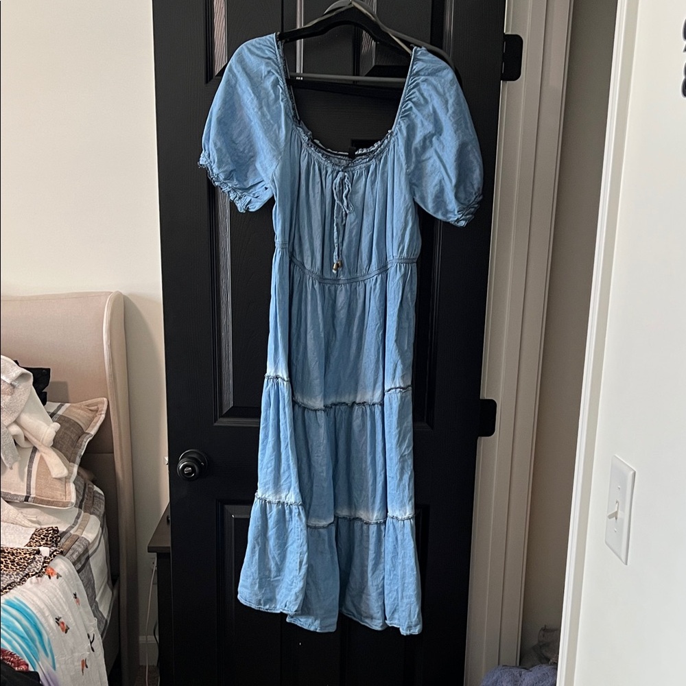 Blue Puff Sleeve Midi Dress